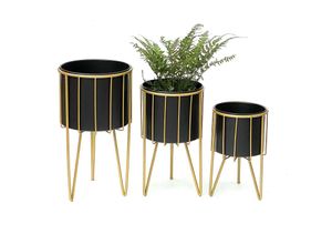 4260700960394 - Blumenhocker mit Topf Metall Gold Schwarz Rund 3er Set Blumenständer 96039 Blumensäule Modern Pflanzenständer Pflanzenhocker