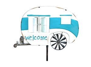 4260700961032 - Dandibo - Gartenstecker Metall Wohnwagen xl 160 cm Blau Weiß Caravan 96103 Windspiel Willkommen Windrad Wetterfest Gartendeko Gartenstab Bodenstecker