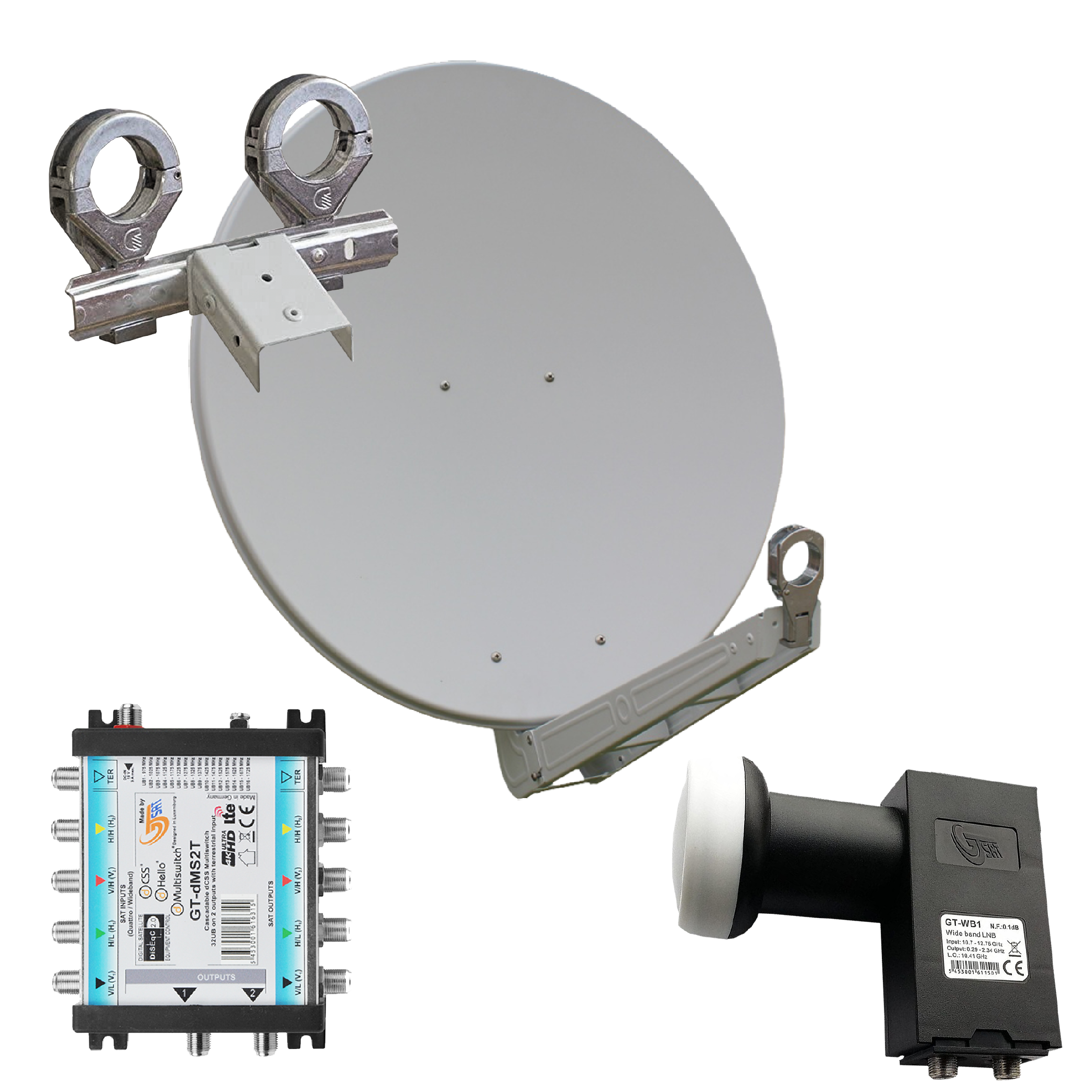 4260704120749 - OP 75 SE - Alu-Antenne - weiss - 32 Teiln mit Wideb-LNB und Multischalter für 2 Sat