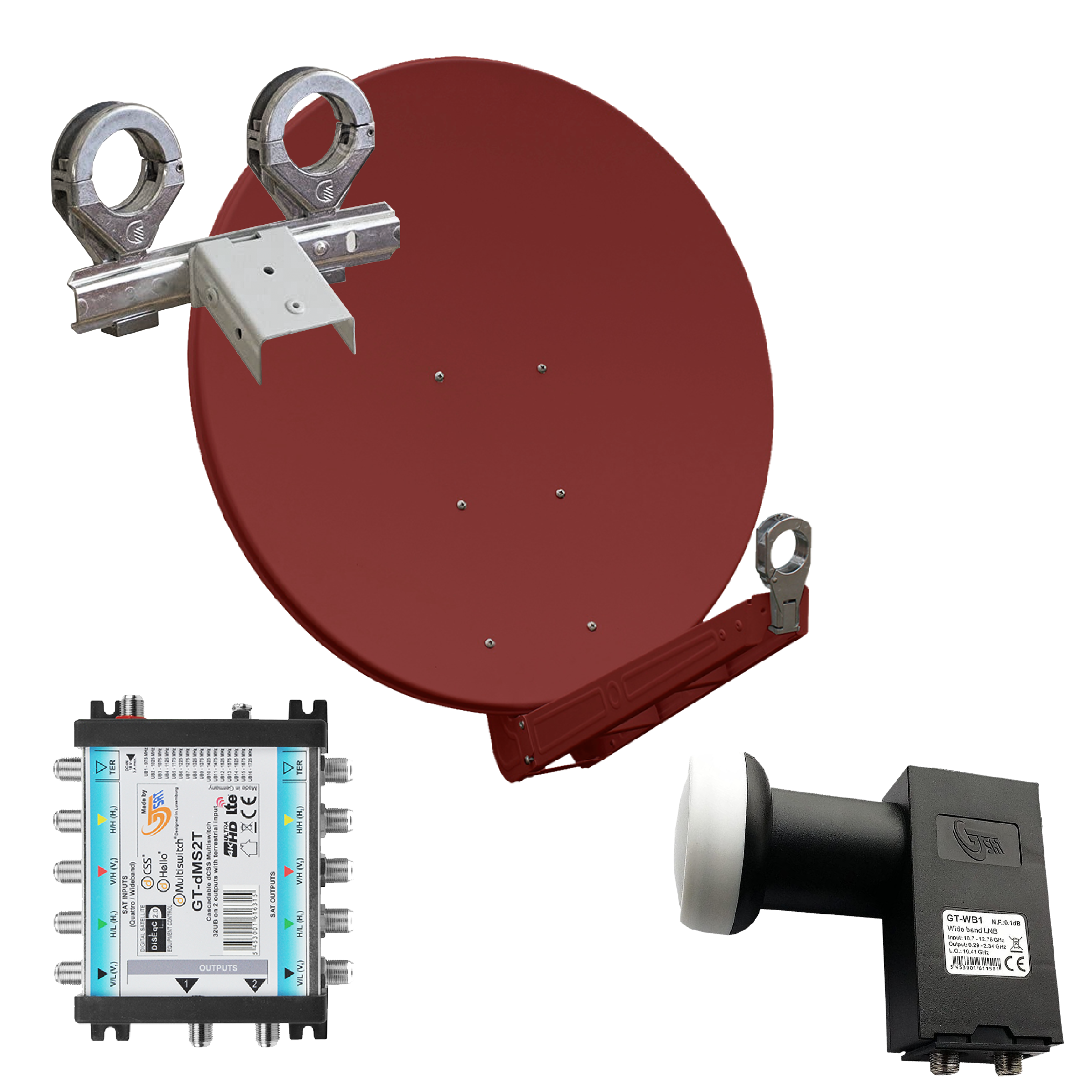 4260704120985 - OP 85 SE - Alu-Antenne - ziegelrot - 32 Teiln mit Wideb-LNB und Multischalter für 2 Sat