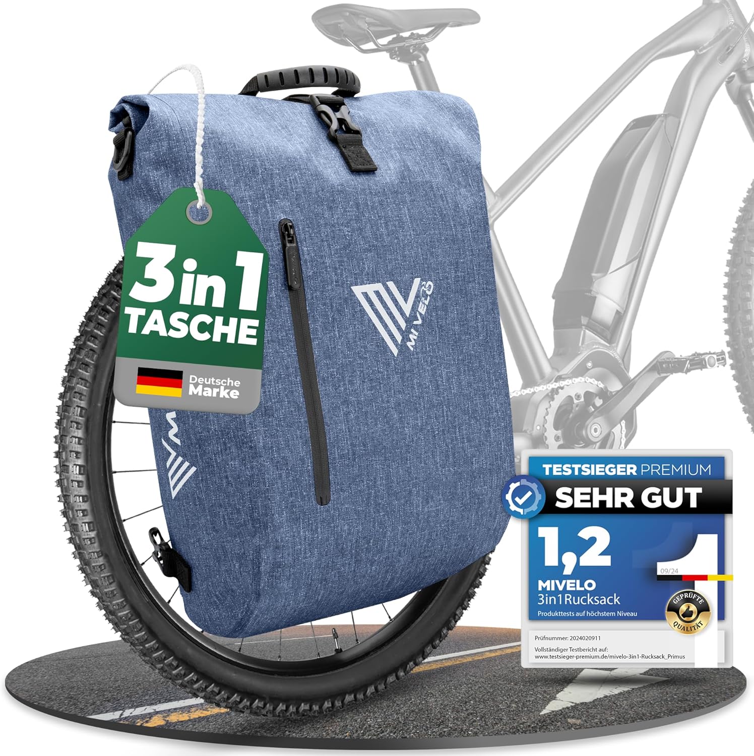 4260714830034 - 3-in-1 wasserdichte Fahrradtasche mit Laptop-Fach und Schloss - PVC-frei - Jeansblau - 20 L 4260714830034 - 3-in-1 wasserdichte Fahrradtasche mit Laptop-Fach und Schloss - PVC-frei - Jeansblau - 20 L