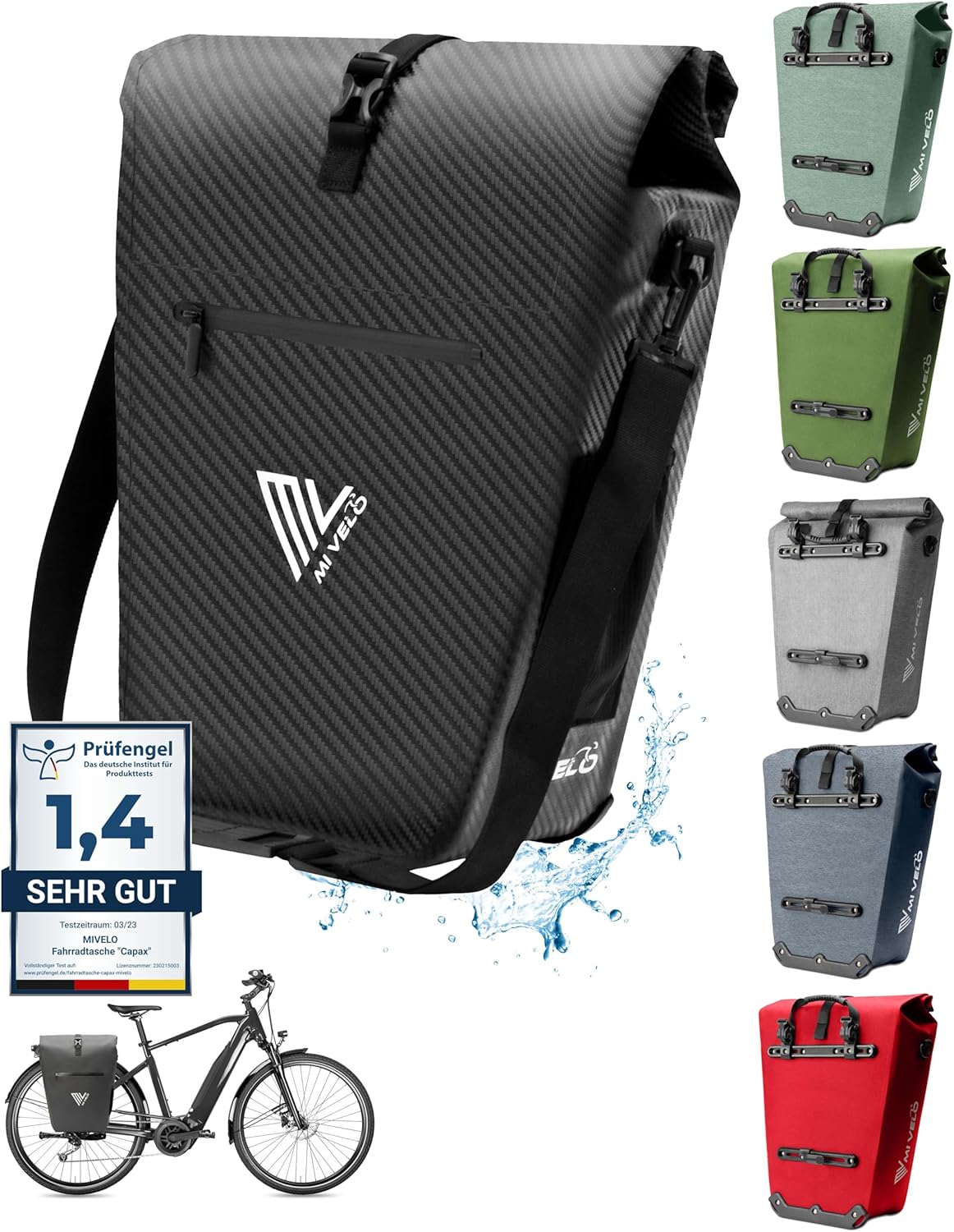 4260714830218 - Fahrradtasche - 100% wasserdicht - Laptopfach - 25L - 43 x 33 x 5 cm - Farbe Carbon