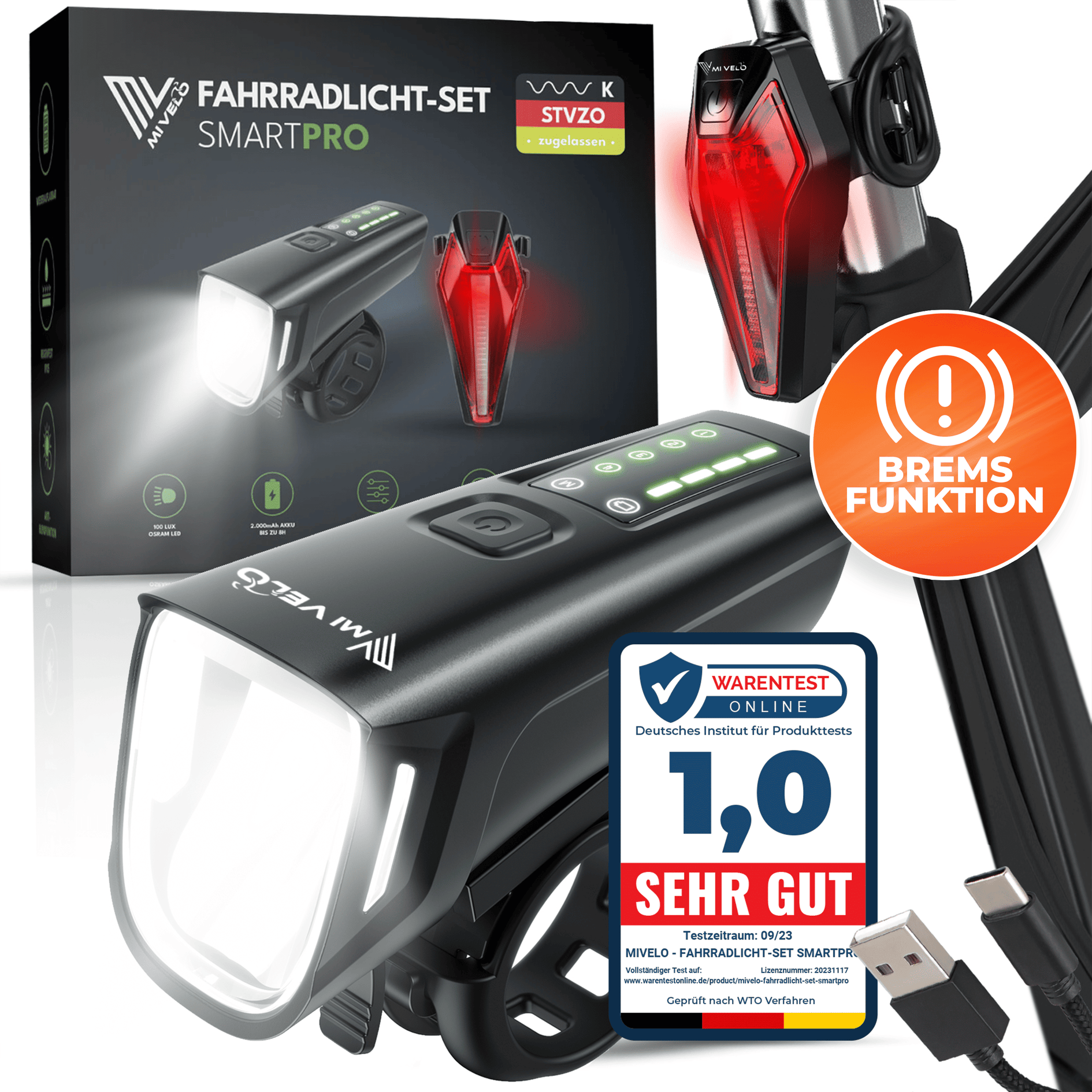 4260714830409 - Fahrradlicht Set LED SMART PRO mit Bremsfunktion & USB-aufladbar