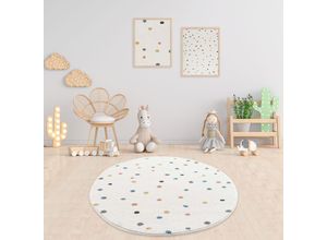 4260720621350 - Teppich Kinderzimmer - Cream - Spielteppich Bunt Punkte Kurzflor Kinderteppich 160 cm Rund