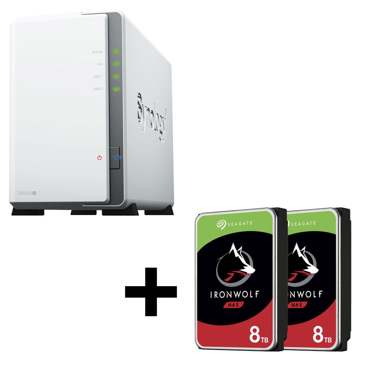 4260730617657 - DiskStation DS223J 2 Einschübe NAS-Server Leergehäue + 16TB (2x8TB) Seagate Ironwolf SATA 35 HDD Festplatten