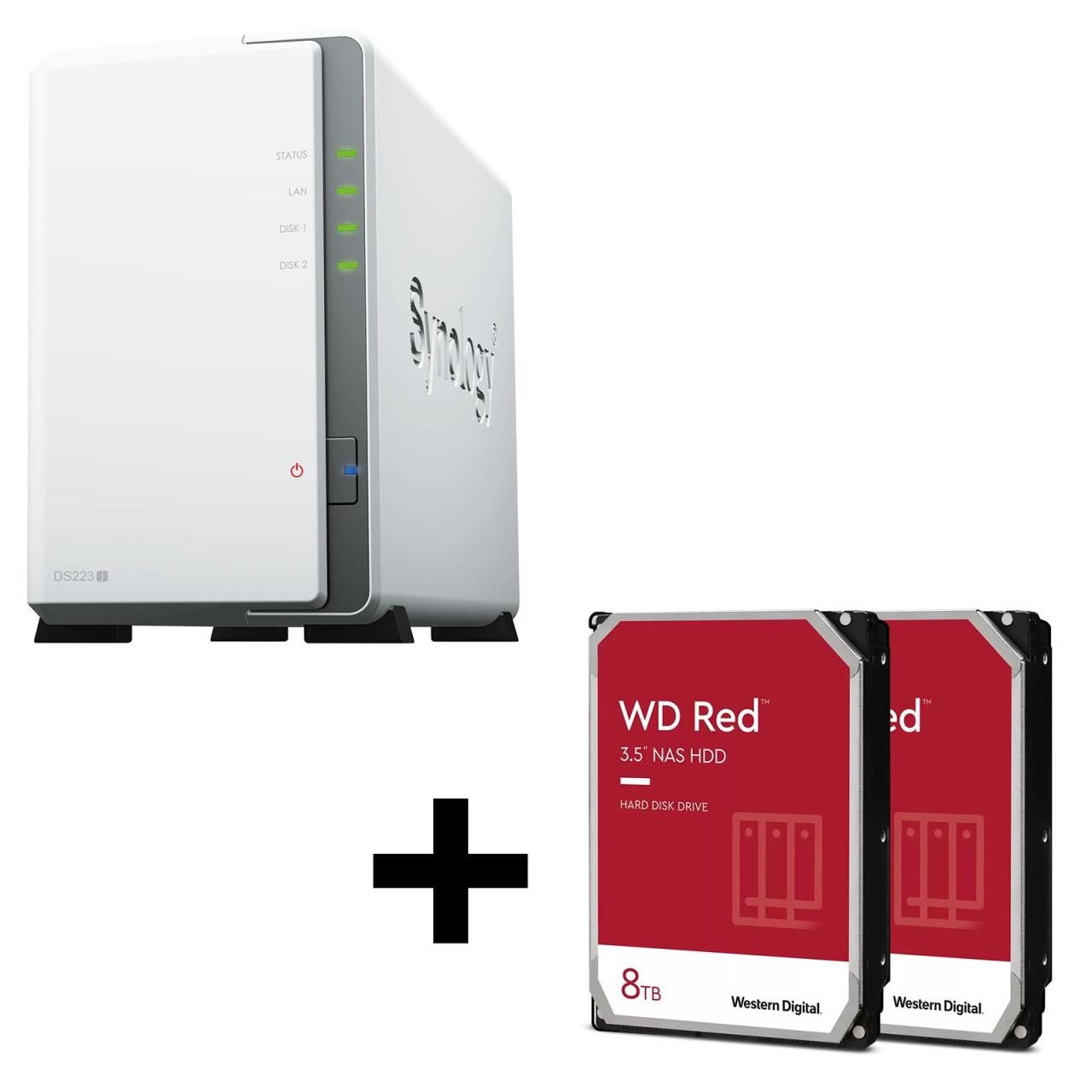 4260730617671 - DiskStation DS223J 2 Einschübe NAS-Server Leergehäuse + 16TB (2x8TB) WD 80EFZZ Red Plus SATA 35 Festplatten