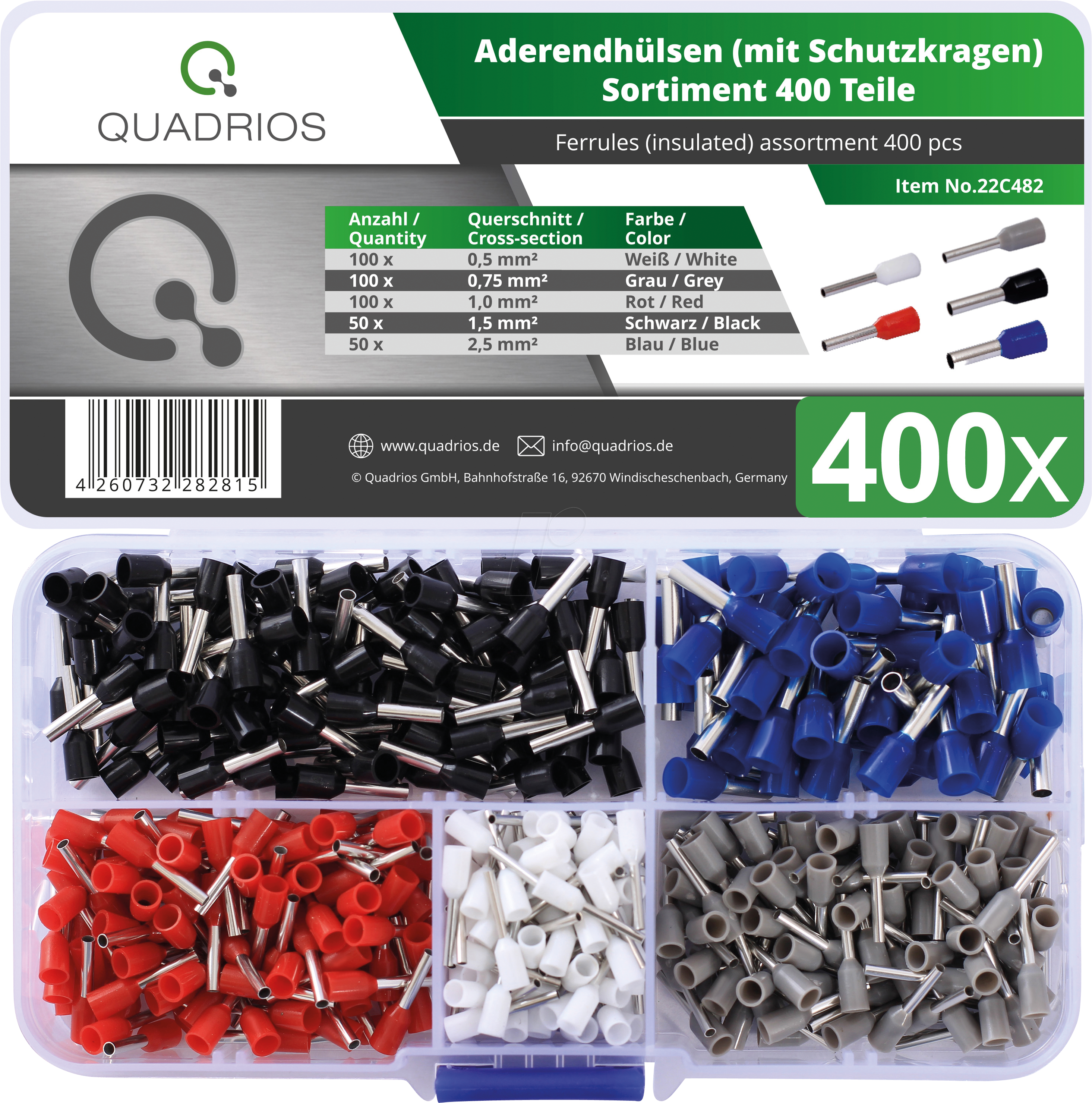 4260732282815 - 22C482 Aderendhülsen-Sortiment 05 mm² 075 mm² 1 mm² 25 mm² Teilisoliert 400 St