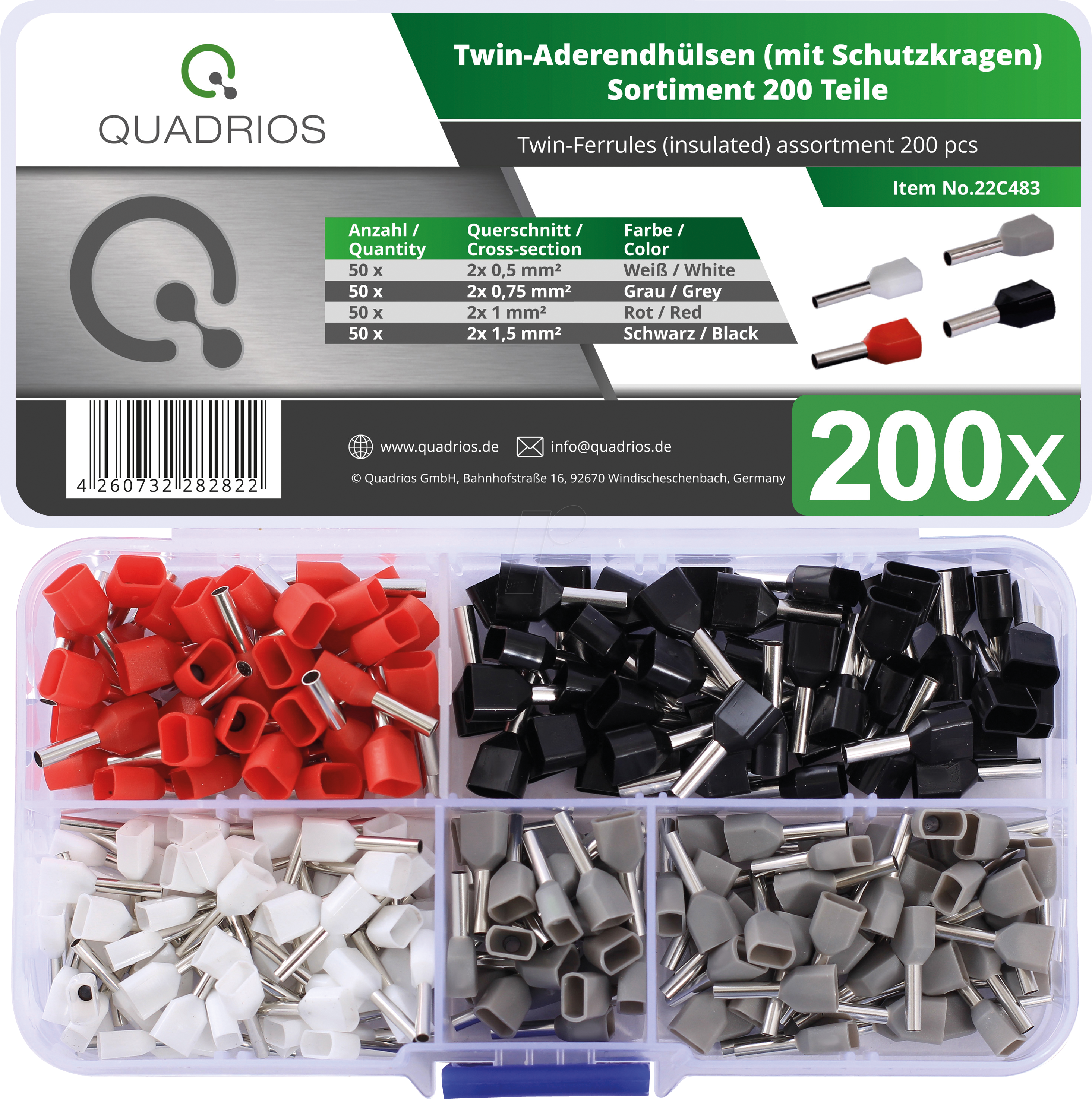 4260732282822 - 22C483 Aderendhülsen-Sortiment 05 mm² 075 mm² 10 mm² 15 mm² Teilisoliert 200 St - Quadrios