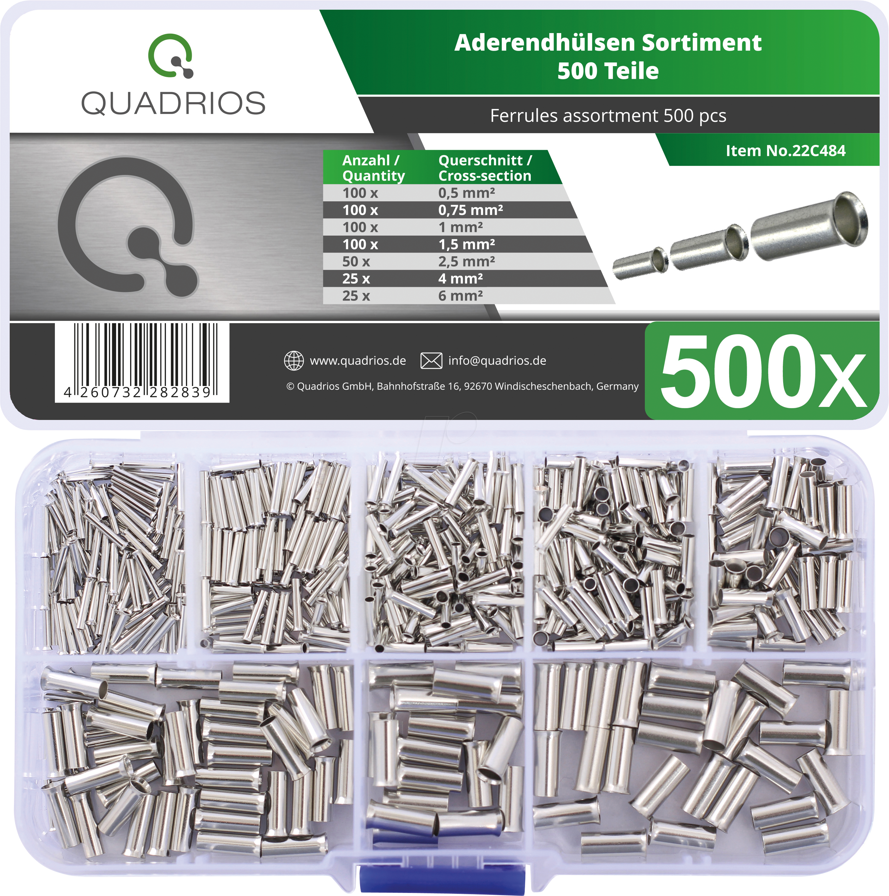 4260732282839 - 22C484 Aderendhülsen-Sortiment 05 mm² 075 mm² 10 mm² 15 mm² 25 mm² 40 mm² 60 m - Quadrios