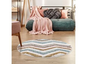 4260745226707 - Hochflor-Teppich CARPET CITY Focus 3009 Teppiche Gr Ø 200 cm 20 mm 1 St bunt (mehrfarbig) Esszimmerteppiche besonders weich Zickzack Chevron Optik 3D-Effekt