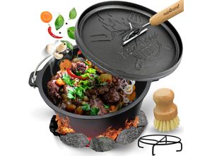 4260750011046 - holz4home® Dutch Oven ohne Füße I eingebrannter Feuertopf aus Gusseisen I inkl Deckelheber Topfständer und Reinigungsbürste 12 Liter