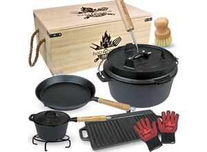 4260750013828 - holz4home® Dutch Oven Set 9-teilig in Holzkiste I 47L Feuertopf Viel Zubehör kleiner Topf Grillplatte Pfanne Handschuhe uvm