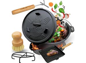 4260750013835 - holz4home® Dutch Oven Set 6-teilig I eingebrannter Feuertopf 9L aus Gusseisen I inkl Pfanne Topfständer Deckelheber und Reinigungsbürste