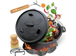 4260750013842 - holz4home® Dutch Oven I eingebrannter Feuertopf aus Gusseisen I inkl Deckelheber Topfständer und Reinigungsbürste 9 Liter