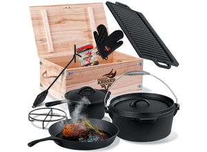 4260751942967 - KESSER® Dutch Oven Set in Holzkiste mit Dutch Oven Mit viel Zubehör - Gusseisen - bereits eingebrannt mit Kochtopf Grillplatte Pfanne Deckelheber Inkl Rezeptbuch Handschuhe