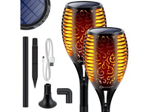 4260751943216 - KESSER® Gartenfackel Solar Set Solarleuchten Flamme mit Wandhalterung + Erdspieß Licht-Sensor Wetterfest Garten Solarleuchte Fackel Lichter LED Gartenlampe Solarlampe Flammenlicht