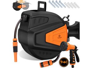 4260751943612 - KESSER® Schlauchtrommel Wasser Schlauchaufroller Inkl 2-Wege-Verteiler + Multi-Handbrause Wasserschlauchtrommel Automatik 180° Schwenkbar Wandhalterung Gartenschlauch Orange