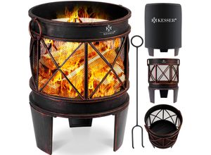 4260751946217 - KESSER® Feuerschale Inkl Abdeckung Feuerkorb mit Funkenschutz & Griffen + Schürhaken Feuerstelle 58 x 45 cm für Garten & Terrasse Metall Antik-Rost-Optik Multifunktional Fire Pit Heizung BBQ