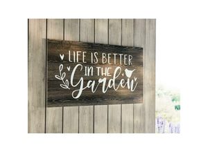 4260757277377 - Dekoleidenschaft - Metall Wandbild Life ist better in the Garden braun in Holz Optik Metallbild Wanddeko