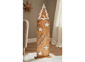 4260757279906 - Dekoleidenschaft - Dekosäule mit Teelichthalter und Schriftzug Frohe Weihnachten aus Mangoholz & Aluminium 90 cm hoch Weihnachtsdeko