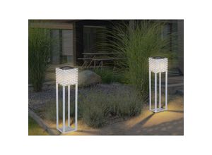 4260768179981 - Meinewunschleuchte - led Rattan Solarleuchten 2er Set Weiß - Außenstehlampen mit Erdspieß Höhe 62cm