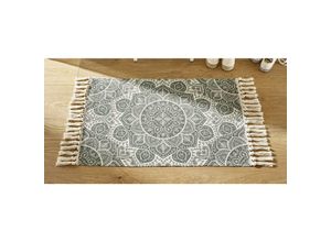 4260772024055 - Dekoleidenschaft - Bodenmatte Mandala in grün & beige 60x90 cm aus 50% Baumwolle Teppich mit Fransen