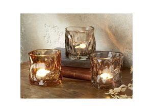 4260772024154 - 3x Teelichthalter Crush aus Glas in orange braun und grau Windlicht Teelichtgläser Glaswindlicht