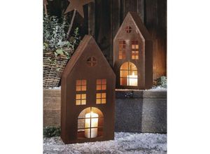 4260772025885 - Dekoleidenschaft - 2x Windlicht Haus aus Metall mit Echt Rost Finish Kerzenhalter 45 + 55 cm hoch Dekohaus Weihnachtsdeko Gartendeko für Draußen