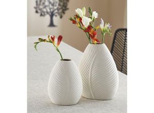 4260772027346 - Dekoleidenschaft - 2x Blumenvase Blattstruktur aus Porzellan beige Vase Dekovase Vasenset