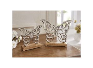 4260772027582 - Dekoleidenschaft - 2x Schmetterling Silber aus Aluminium im Antik Look & Mango Holz Frühlingsdeko Dekofigur Figurenset Butterfly