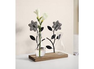 4260772028046 - Dekoleidenschaft - Board Flowers aus Holz 2 Metall Blumen in schwarz & 2 Vasen aus Glas Dekoboard Vasenhalter Blumenvase