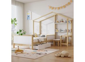 4261280137732 - Kabinen-Kinderbett mit Schubladen und Regalen mit Tisch und Hocker Massivholz mit Schutzplatte und Lattenrost L-förmige Struktur weiß+natur