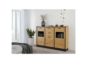 4262354976042 - Küchen Preisbombe - Hochkommode Karia 180 cm Anbauwand Schrankwand Sideboard Eiche Artisan + Schwarz