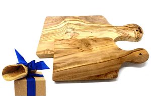 4262368657197 - Frühstücksbrett OLIVENHOLZ-ERLEBEN 2er Set Schneidebrett mit Griff aus Olivenholz braun B14cm H15cm L27cm Massivholz Schneidebretter praktische Griffe sorgen für eine einfache Handhabung