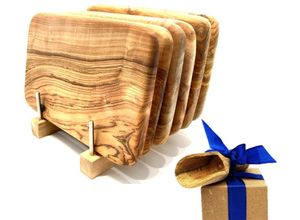 4262368657586 - Frühstücksbrett OLIVENHOLZ-ERLEBEN Bretterständer inkl 6 Frühstücksbretter Olivenholz 22 x 14 cm braun B11cm H65cm L14cm Massivholz Schneidebretter platzsparende Aufbewahrung für bis zu 6 Brettchen an einem Ort