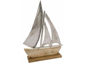 4262371533723 - Spetebo - Alu Schiff mit Standfuß aus Mangoholz - klein   20 cm - Maritimer Aufsteller Segelboot aus Metall und Holz - Küsten Deko Tisch Figur