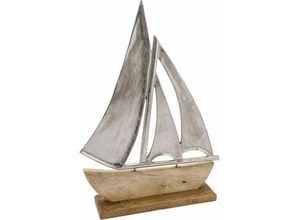 4262371533730 - Spetebo - Alu Schiff mit Standfuß aus Mangoholz - groß   40 cm - Maritimer Aufsteller Segelboot aus Metall und Holz - Küsten Deko Tisch Figur