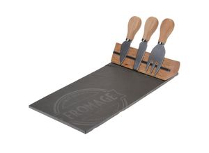 4262371535765 - Käseplatte Set aus Schiefer und Bambus 4-teilig - 30 x 15 cm - Servierplatte inklusive Besteck und Magnet Halterung - Schieferplatte Käsebrett Buffet