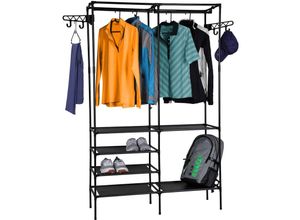 4262371536380 - Metall Garderobe mit 6 Ablagen und Kleiderstange - 170 x 108 cm - Kleiderständer schwarz freistehend - Kleiderschrank offen Garderobenständer