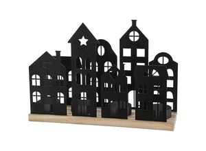 4262371536700 - Metall Teelichthalter Häuserzeile schwarz - 25 x 18 cm - Weihnachtsdorf Silhouette mit Haltern für 4 Teelichter - Weihnachten Tisch Deko Kerzenhalter