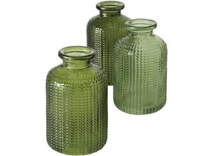 4262371536816 - Spetebo - Glasvase 3er Set transparent grün - 10 cm - Kleine Deko Blumenvase rund - Relief Tischvase Knospenvase Glas Flasche Tischdekoration