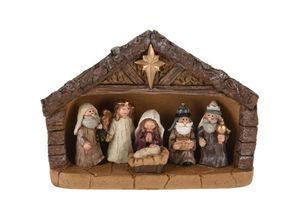 4262371537080 - Weihnachtskrippe aus Kunststein mit 6 bemalten Figuren - 18 cm - Krippenstall für Weihnachts Tisch Dekoration – Advent Weihnachtsdeko Tischdeko