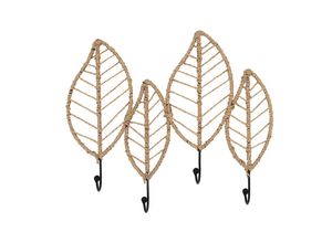 4262371538162 - Bast Wand Garderobe im Blätter Design - 47 x 40 cm - Rattan Garderobenleiste mit 4 Kleiderhaken - Boho Flur Deko Wandhaken Hakenleiste