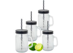 4262371538902 - Trinkglas 450 ml mit Deckel und Strohhalm - 4er Set - Trink Becher mit Henkel - Deckel Trink Cocktail Glas für Wasser Saft Limonade Longdrinks