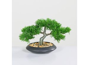 4262371539299 - Spetebo - Kunst Zedem Bonsai in Keramik Schale - 22 cm - Dekobaum mit schwarzem Blumentopf - Kunst Topfpflanze Zimmerpflanze Dekorpflanze Kunstblumen