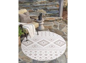 4262372643117 - Teppich CARPET CITY In-& Outdoorteppich Santorini 435 3D-Effekt Boho-Look Teppiche Gr Ø 200 cm 5 mm 1 St beige (creme) Esszimmerteppiche Wetterfest & UV-beständig für Terrasse Balkon Küche Flur