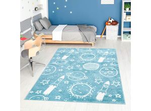 4262372644954 - Kinderteppich CARPET CITY ANIME912 Teppiche Gr B L 190 cm x 280 cm 11 mm 1 St blau Kinder Kinderzimmerteppiche Kinderzimmer Teppich Modern mit Mond Blumen Wolken Creme Multi