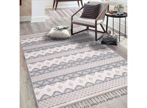 4262372647221 - Teppich CARPET CITY Valencia 728 Teppiche Gr B L 160 cm x 230 cm 20 mm 1 St blau (graublau) Fransenteppich Esszimmerteppiche Boho-Stil 3D-Effekt mit Fransen Sisal