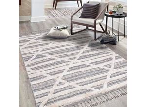 4262372647535 - Teppich CARPET CITY Valencia 810 Teppiche Gr B L 200 cm x 290 cm 20 mm 1 St blau (graublau creme) Fransenteppich Esszimmerteppiche Boho-Stil Raute-Muster 3D-Effekt mit Fransen Sisal