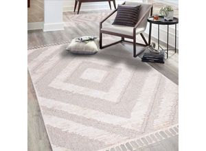 4262372647580 - Teppich CARPET CITY Valencia 813 Teppiche Gr B L 160 cm x 230 cm 20 mm 1 St beige (creme graublau) Fransenteppich Esszimmerteppiche Boho-Stil Raute-Muster 3D-Effekt mit Fransen Sisal